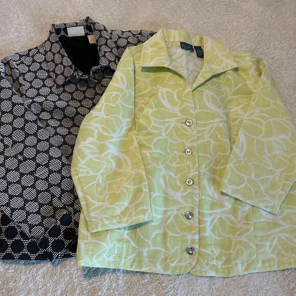Chicos Blazer 2 Large Chartruese Silver Floral Black White Dots Jacket Lot of 2 - Picture 1 of 8